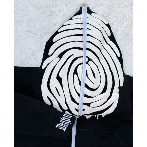 Y2K Black SZ S Irregular Pattern Gothic Punk Full Zip-Up Hoodie Jacket - Picture 13 of 15